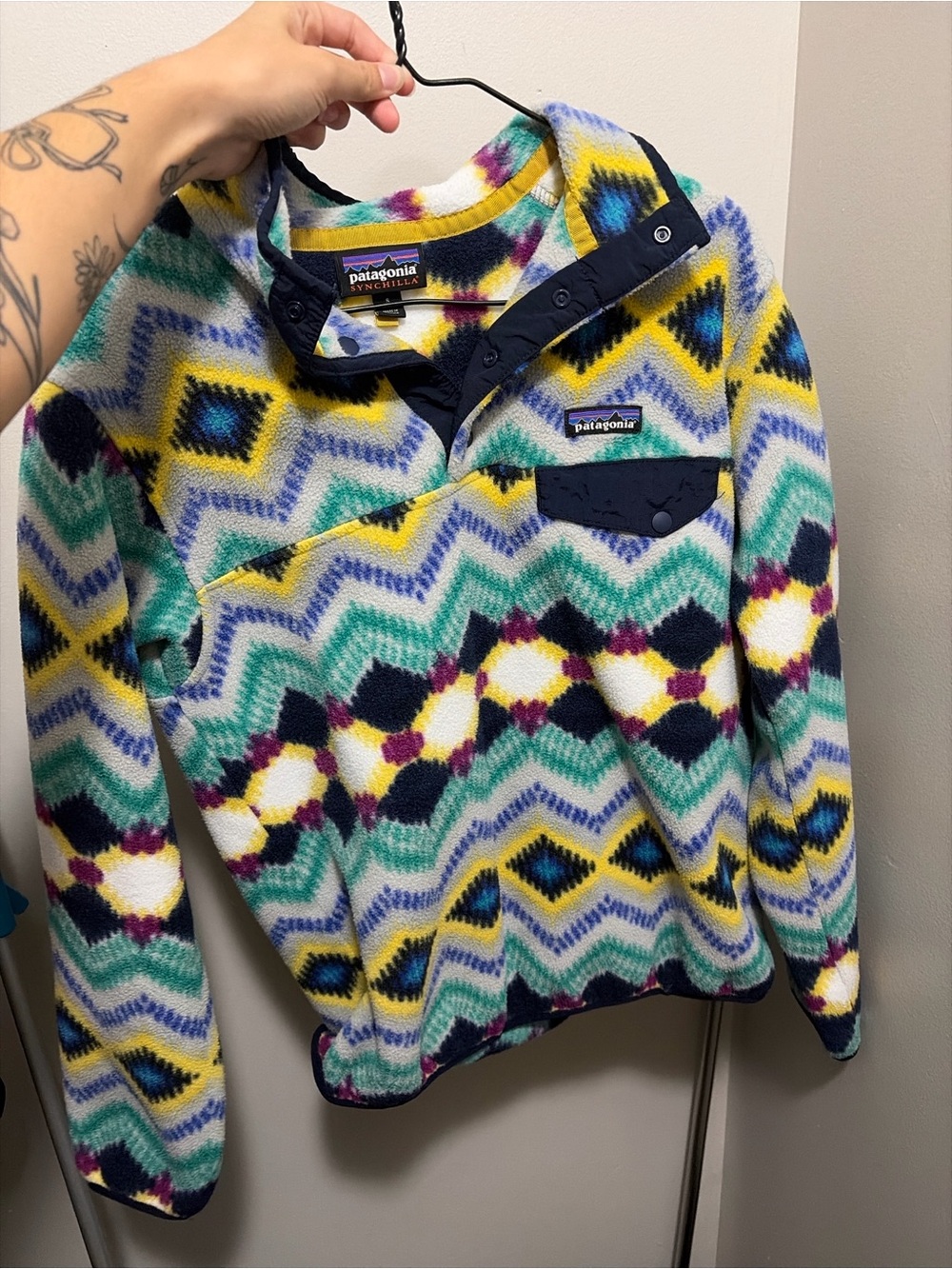Patagonia Women’s Crewneck Fleece Pullover in Green, Yellow, Navy & Purple